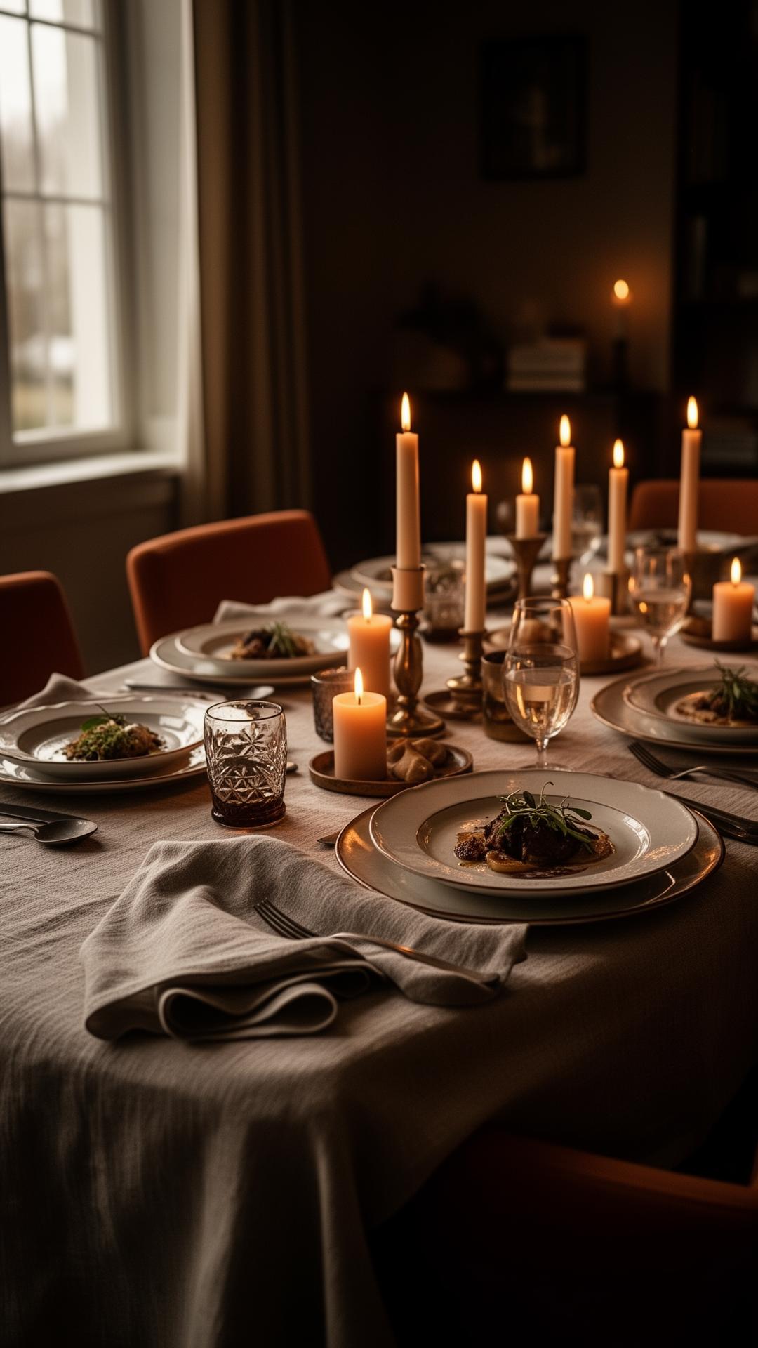 Candlelit private dining table set for a tasting menu